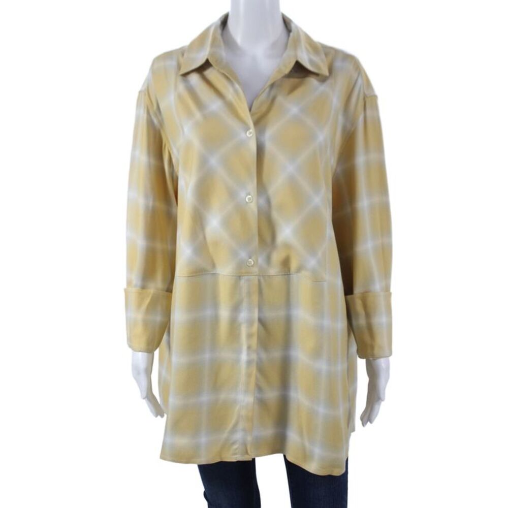 Kallmeyer Women Tunic Yellow Button-Up Collared Rayon Long Sleeve Size L